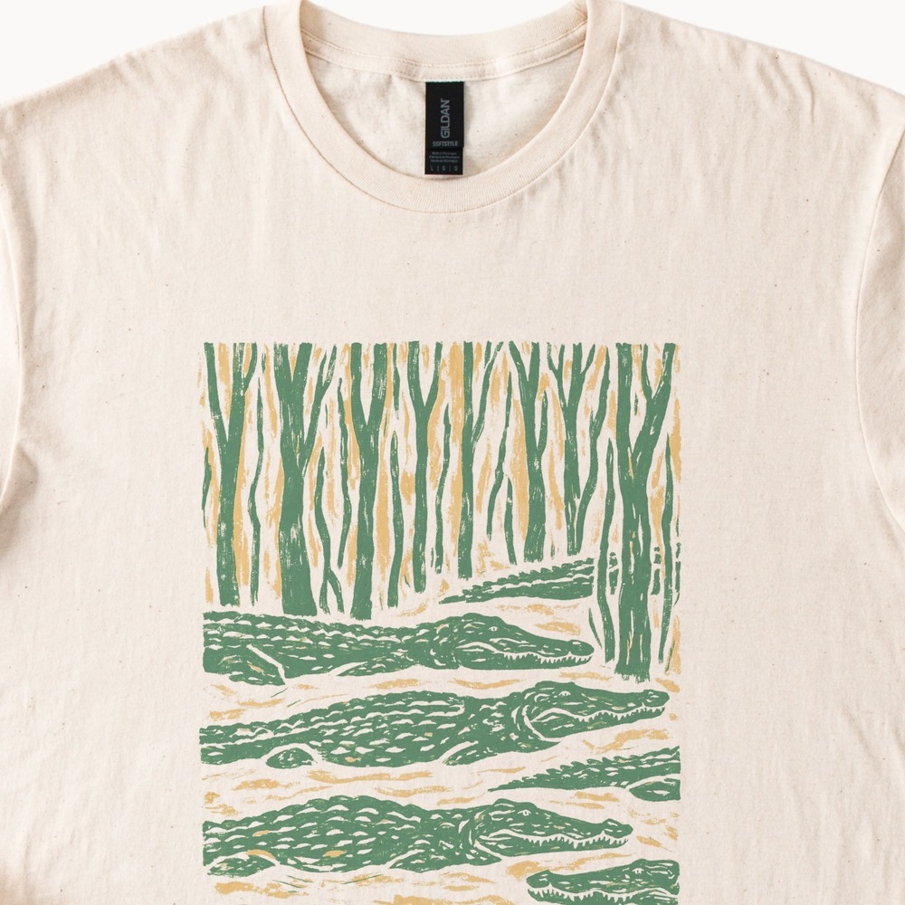 Crocodile Forest Linocut Print Tee Natural